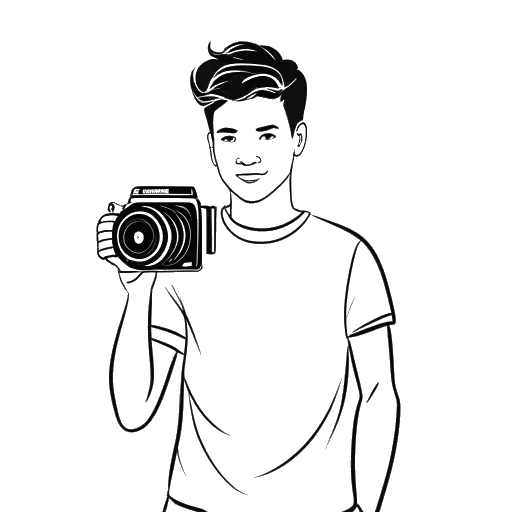 Dessin en ligne d'un jeune homme tenant une caméra vidéo avec un logo YouTube en arrière-plan, représentant Jschlatt.