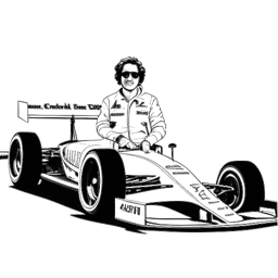 Dibujo lineal de un hombre que representa a Flavio Briatore, de pie delante de un coche de carreras de Fórmula Uno, con una expresión controvertida y carismática.