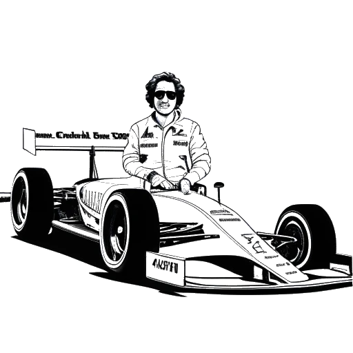 Strichzeichnung eines Mannes, der Flavio Briatore darstellt und vor einem Formel-1-Rennwagen steht, mit einem kontroversen und charismatischen Gesichtsausdruck.