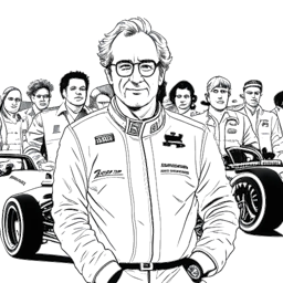 Dibujo lineal de un hombre que representa a Flavio Briatore, rodeado de coches de Fórmula Uno y miembros del equipo, con una expresión confiada y estratégica.