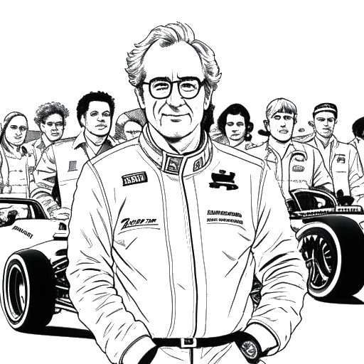 Lijntekening van een man die Flavio Briatore voorstelt, omringd door Formule 1-auto's en teamleden, met een zelfverzekerde en strategische uitdrukking.