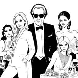 Strichzeichnung eines Mannes, der Flavio Briatore darstellt, umgeben von glamourösen Frauen und Luxusartikeln, mit einem stilvollen und kultivierten Erscheinungsbild.