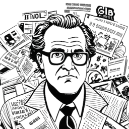 Line art drawing of a man representing Flavio Briatore, surrounded by newspaper articles and various symbols representing diverse business interests, with an enigmatic expression.