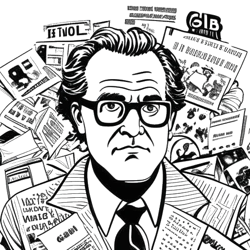 Line art drawing of a man representing Flavio Briatore, surrounded by newspaper articles and various symbols representing diverse business interests, with an enigmatic expression.