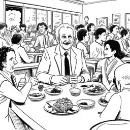 Line art drawing of a man representing Flavio Briatore, sitting at a lavish restaurant table, surrounded by waiters and customers.