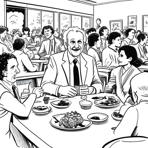 Line art drawing of a man representing Flavio Briatore, sitting at a lavish restaurant table, surrounded by waiters and customers.