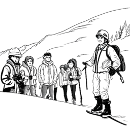 Disegno al tratto di un uomo che rappresenta Flavio Briatore, con capelli lunghi e attrezzatura da sci, che dà istruzioni di sci a un gruppo di persone su una montagna innevata.