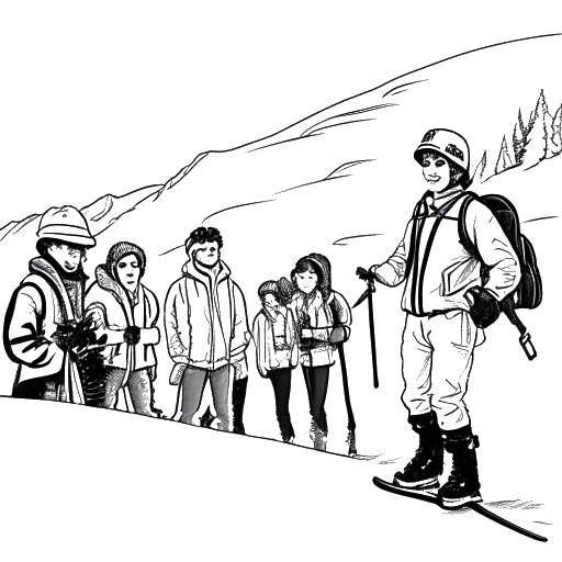Dibujo lineal de un hombre que representa a Flavio Briatore, con pelo largo y equipo de esquí, dando instrucciones de esquí a un grupo de personas en una montaña nevada.