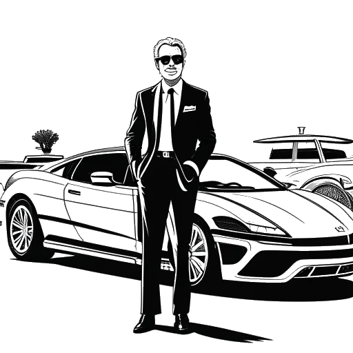 Een man die Flavio Briatore voorstelt, staat zelfverzekerd naast een Formule 1-auto en houdt een aktetas met dollartekens vast. Op de achtergrond zijn silhouetten te zien van nachtclubs, restaurants en een luxe jacht, die zijn verschillende inkomstenbronnen symboliseren.