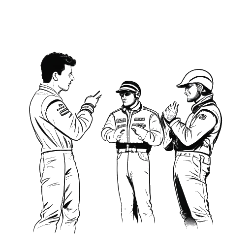 Desenho de arte em linha de um homem, representando Flavio Briatore, gerenciando Mark Webber, Jarno Trulli e Heikki Kovalainen.