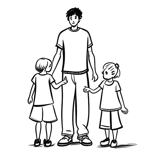 Desenho de arte de linha de um homem, representando Flavio Briatore, com seus dois filhos e sua esposa, Elisabetta Gregoraci.