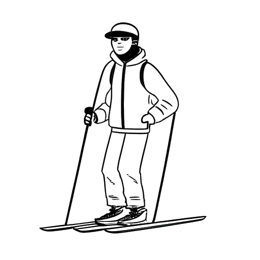 Desenho de um homem, representando Flavio Briatore, trabalhando como instrutor de esqui e gerente de restaurante.