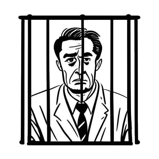 Strichzeichnung eines Mannes, der Flavio Briatore darstellt, hinter Gittern.
