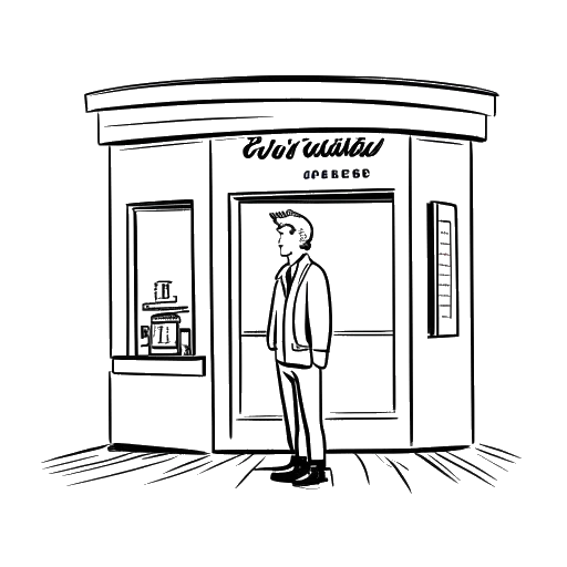 Disegno al tratto di un uomo, che rappresenta Flavio Briatore, in piedi fuori dal suo ristorante chiuso, Tribüla.