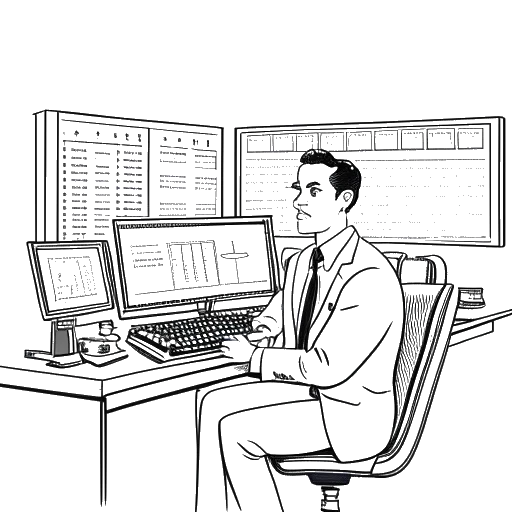 Line art drawing of a man, representing Flavio Briatore, working at the Italian stock exchange.