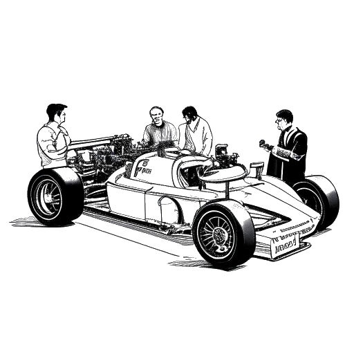 Desenho de arte de linha de um homem, representando Flavio Briatore, fornecendo motores Supertec para equipes de F1.