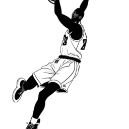 Strichzeichnung eines dominanten Basketballspielers, der LeBron James während seiner Zeit bei den Cavaliers repräsentiert. Der Spieler wird gezeigt, wie er für einen Dunk durch die Luft fliegt, mit dem Cavaliers-Logo deutlich im Hintergrund, alles gegen einen weißen Hintergrund.
