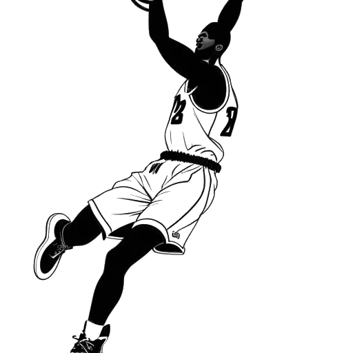 Lijntekening van een dominante basketbalspeler die LeBron James vertegenwoordigt tijdens zijn tijd bij de Cavaliers. De speler wordt afgebeeld terwijl hij door de lucht zweeft voor een dunk, met het logo van de Cavaliers prominent op de achtergrond, alles tegen een witte achtergrond.