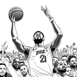 Dessin en ligne de LeBron James représentant son retour triomphal à Cleveland et sa victoire en championnat. LeBron est montré tenant le trophée de champion au-dessus de sa tête, avec l'arène des Cavaliers et des fans en liesse en arrière-plan, le tout sur fond blanc.