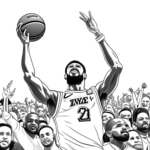 Desenho em arte linear de LeBron James representando seu retorno triunfal a Cleveland e sua vitória no campeonato. LeBron é mostrado segurando o troféu de campeão no alto, com a arena da casa dos Cavaliers e torcedores animados ao fundo, tudo em um cenário de fundo branco.