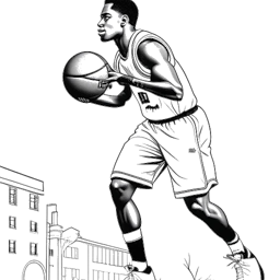 Strichzeichnung eines jungen Mannes, der LeBron James während seiner Schulzeit repräsentiert. Der Mann wird gezeigt, wie er mit Finesse einen Basketball dribbelt, mit dem Gebäude der St. Vincent-St. Mary High School im Hintergrund, alles gegen einen weißen Hintergrund.