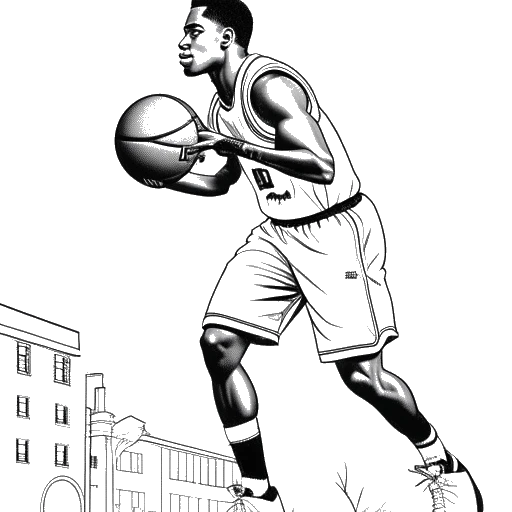 Lijntekening van een jonge man die LeBron James vertegenwoordigt tijdens zijn middelbare schooljaren. De man wordt afgebeeld terwijl hij behendig met een basketbal dribbelt, met het gebouw van de St. Vincent-St. Mary High School op de achtergrond, alles tegen een witte achtergrond.