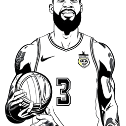 Line art drawing of LeBron James representing his success with the Los Angeles Lakers. LeBron is shown wearing the Lakers jersey, holding the Larry O'Brien Championship Trophy, with the Lakers' iconic logo and the Staples Center in the background, all against a white backdrop.