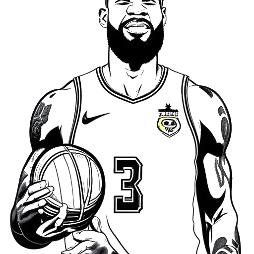 Dessin en ligne de LeBron James représentant son succès avec les Los Angeles Lakers. LeBron est montré portant le maillot des Lakers, tenant le trophée Larry O'Brien Championship, avec le logo emblématique des Lakers et le Staples Center en arrière-plan, le tout sur fond blanc.