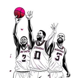 Line art drawing of the Miami Heat's "Big Three" representing LeBron James, Chris Bosh, and Dwyane Wade. The trio is shown celebrating a championship victory, with confetti falling from above and cheering fans filling the background, all against a white backdrop.