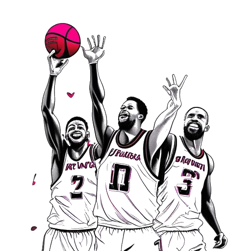 Line art drawing of the Miami Heat's "Big Three" representing LeBron James, Chris Bosh, and Dwyane Wade. The trio is shown celebrating a championship victory, with confetti falling from above and cheering fans filling the background, all against a white backdrop.