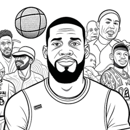 Dibujo en arte lineal de LeBron James representando su filantropía e impacto. Se muestra a LeBron en un entorno escolar, rodeado de niños y maestros, con imágenes y símbolos educativos en el fondo, todo contra un fondo blanco.