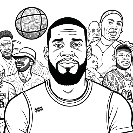 Line art drawing of LeBron James representing his philanthropy and impact. LeBron is shown in a classroom setting, surrounded by children and teachers, with educational imagery and symbols in the background, all against a white backdrop.