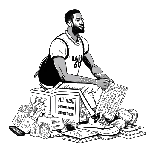 Desenho em arte linear de um homem representando o LeBron James jogando basquete, cercado por pilhas de dinheiro. Ele segura uma maleta com logotipos empresariais gravados, simbolizando suas diversas incursões empreendedoras e sucesso financeiro, tudo em um fundo branco.