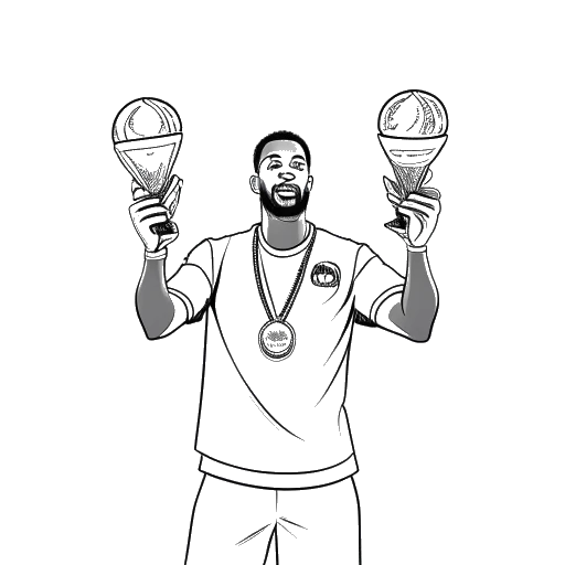 Line art drawing of a man, representing LeBron James, with 10 NBA finals trophies and two Olympic gold medals, illustrating his career highlights.