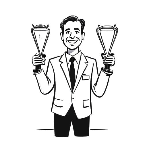 Line art drawing of LeBron James holding multiple awards