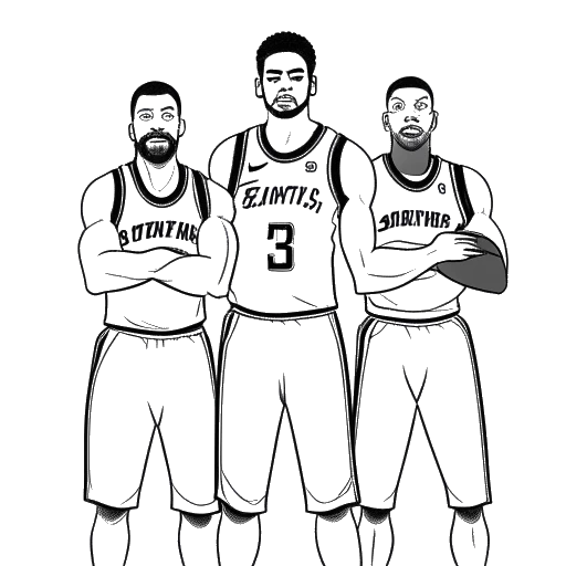 Line art drawing of men, representing LeBron James, Chris Bosh, and Dwyane Wade in Miami Heat jerseys, known as the 'Big Three'.