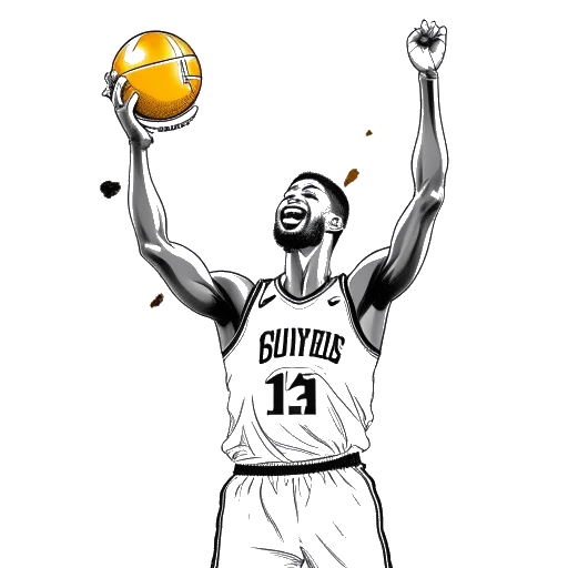Line art drawing of a man, representing LeBron James, with the NBA championship trophy, overcoming a 3-1 deficit with the Cleveland Cavaliers.