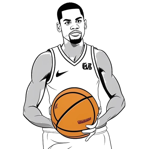 Line art drawing of a man, representing LeBron James, in Cleveland Cavaliers gear with a basketball, marking the start of his professional career.