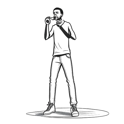 Line art drawing of a man, representing LeBron James, with a microphone and a basketball on a stage, highlighting his SNL hosting and Space Jam role.