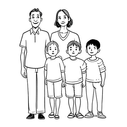 Line art drawing of a man, representing LeBron James, with his wife Savannah Brinson and their three children, depicting their family life.