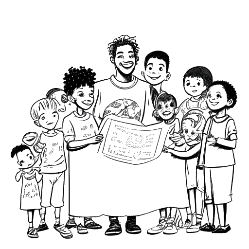Line art drawing of a man, representing LeBron James, holding a large check, surrounded by children, showcasing community support.