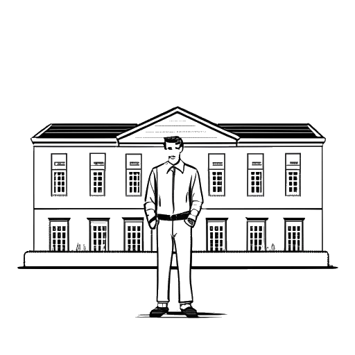 Line art drawing of a man, representing LeBron James, standing in front of the I Promise School, representing his commitment to education.