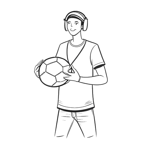 Line art drawing of a man, representing LeBron James, holding items representing his investments: a Blaze Pizza box, Beats headphones, and a soccer ball.