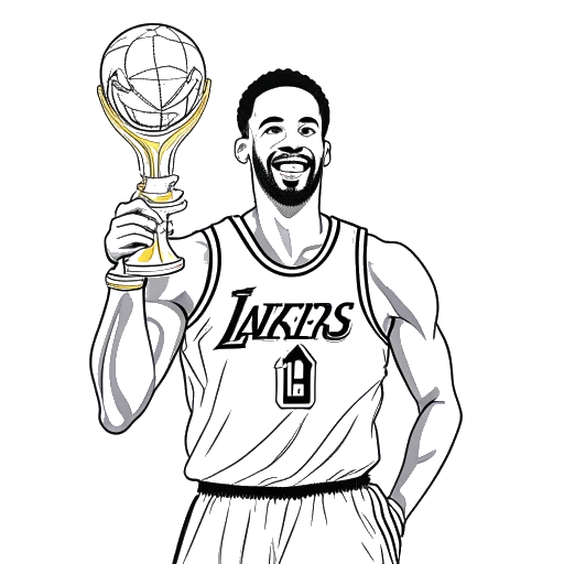 Line art drawing of a man, representing LeBron James, in a Los Angeles Lakers jersey with the NBA championship trophy, highlighting his 2020 victory.