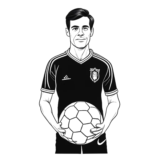 Dibujo de arte lineal de LeBron James con una camiseta del Liverpool F.C., sosteniendo un balón de fútbol