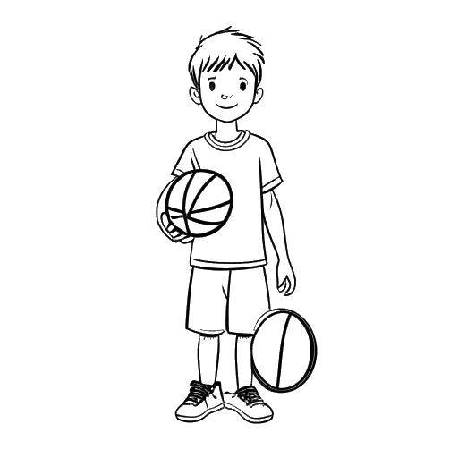 Line art drawing of a young LeBron James holding a basketball and a football, with a cast on his wrist