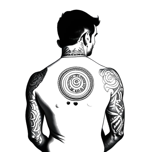 Line art drawing of a man, representing LeBron James, with 'The Chosen One' tattooed on his back, signifying his moniker given by Sports Illustrated.
