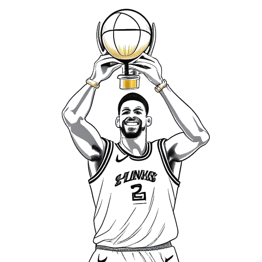 Line art drawing of LeBron James in a Cleveland Cavaliers jersey, holding a championship trophy