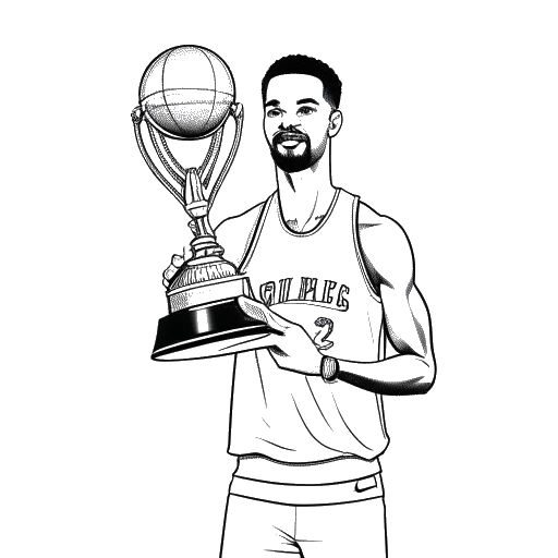 Strichzeichnung von LeBron James, der einen NBA Rookie of the Year-Pokal und einen NBA MVP-Pokal hält