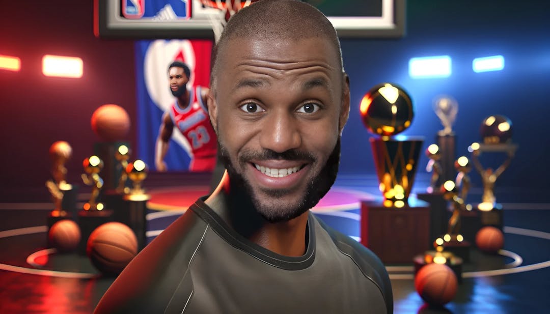 LeBron James, um homem de pele escura com barba aparada, olhando determinadamente para a câmera em um cenário vibrante com elementos de basquete. Imagem icônica e poderosa representando sua lendária carreira no basquete.